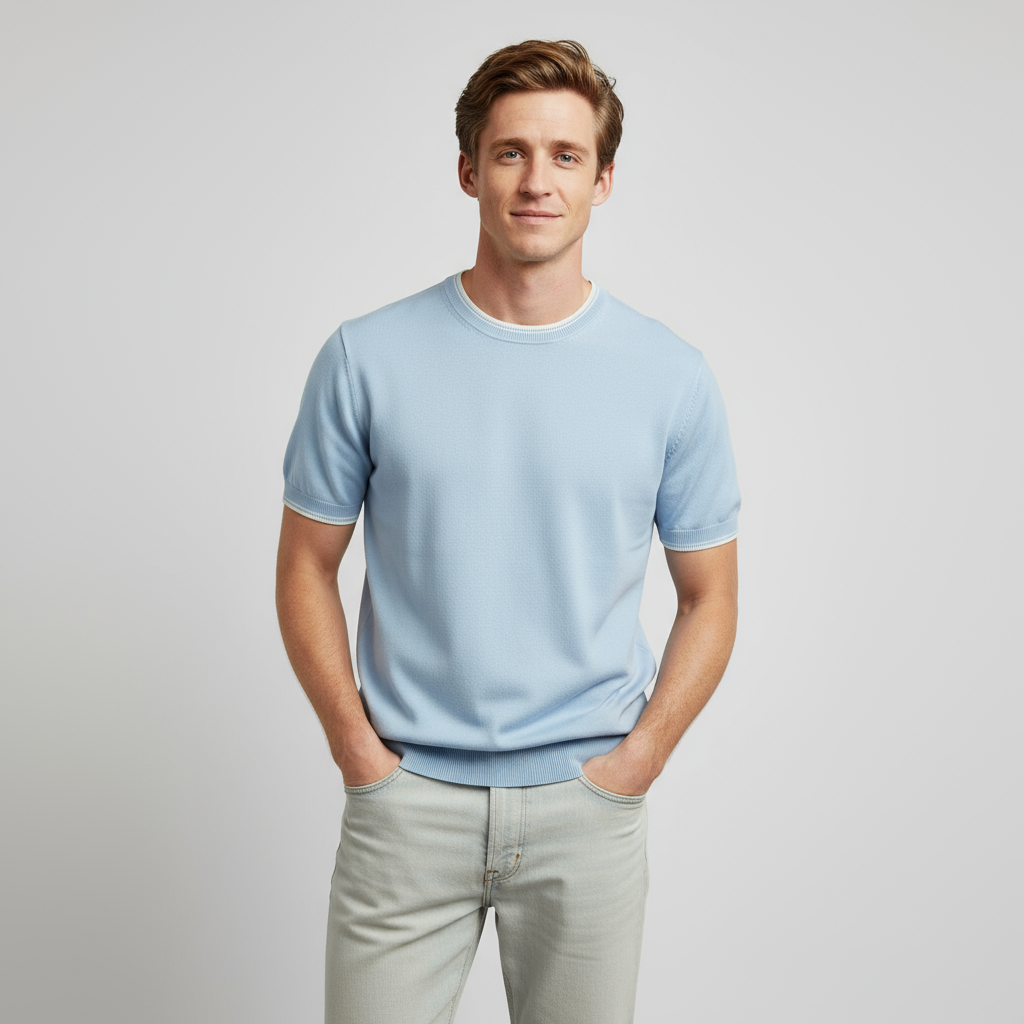 Мужской светло-голубой трикотажный топ с коротким рукавом: Контрастная отделка, мягкая текстура, Повседневный дизайн