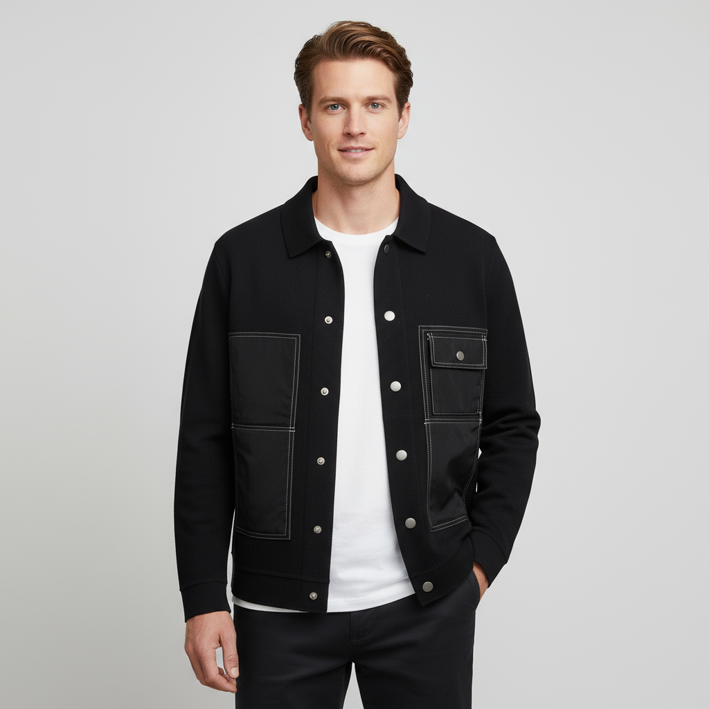 Мужская черная куртка-рубашка: Контрастная строчка, накладные карманы, Повседневная верхняя одежда