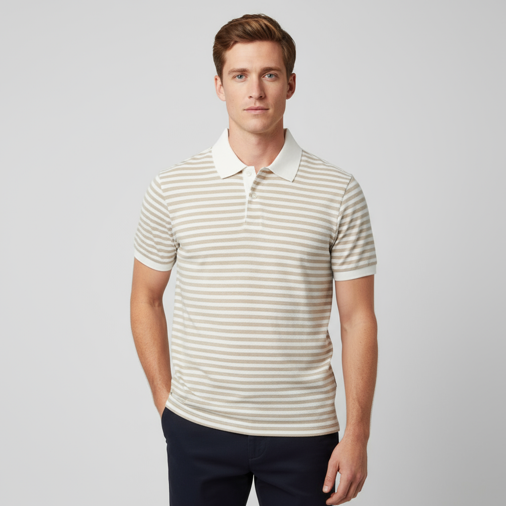 Мужская бежевая рубашка поло в полоску: Контрастный воротник, мягкая текстура, Повседневный дизайн
