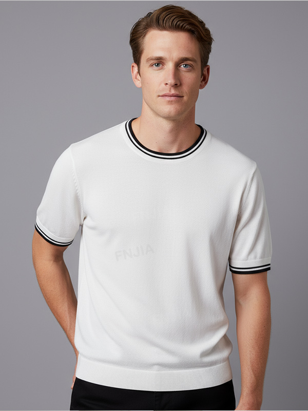 Мужской белый трикотажный топ с коротким рукавом: Черная контрастная отделка, мягкая текстура, Повседневный дизайн