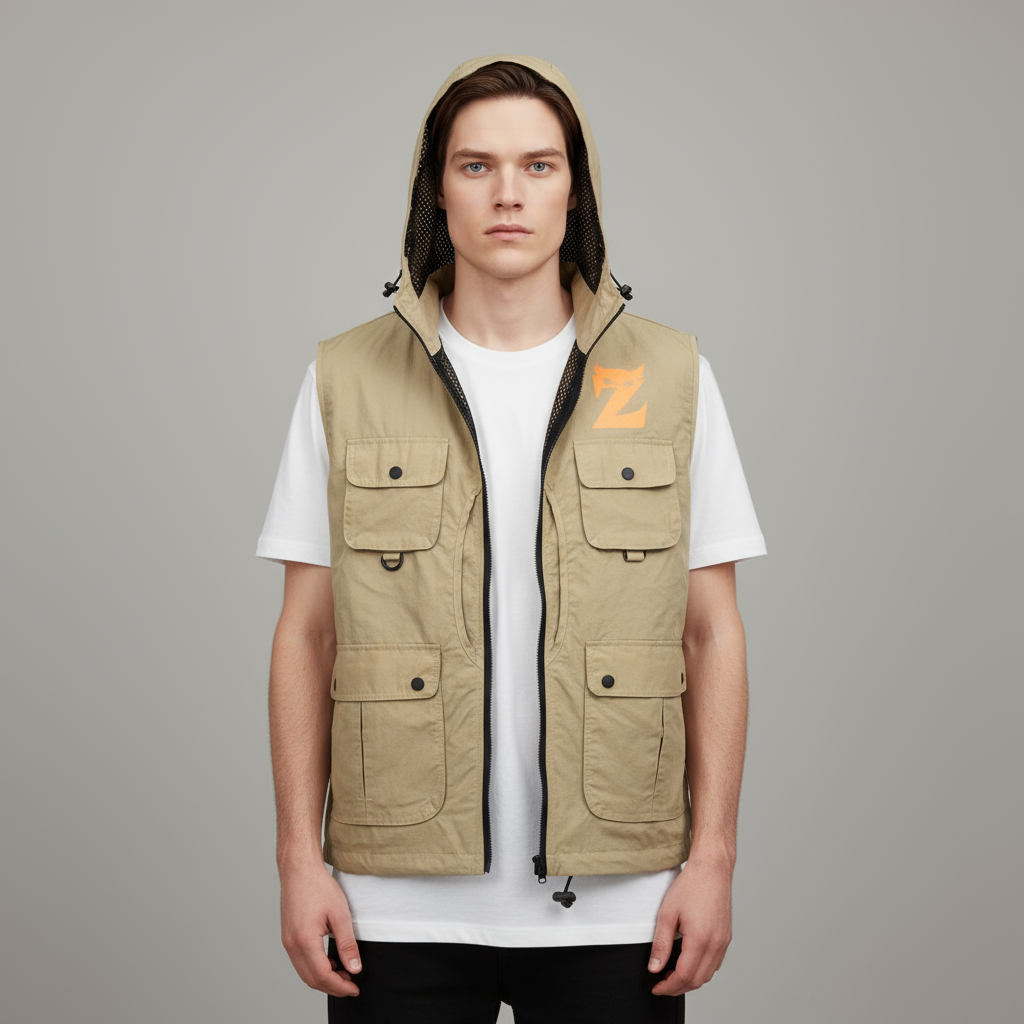 Мужской бежевый жилет "Зевс": Верхняя одежда с капюшоном, множеством карманов, с графическим рисунком