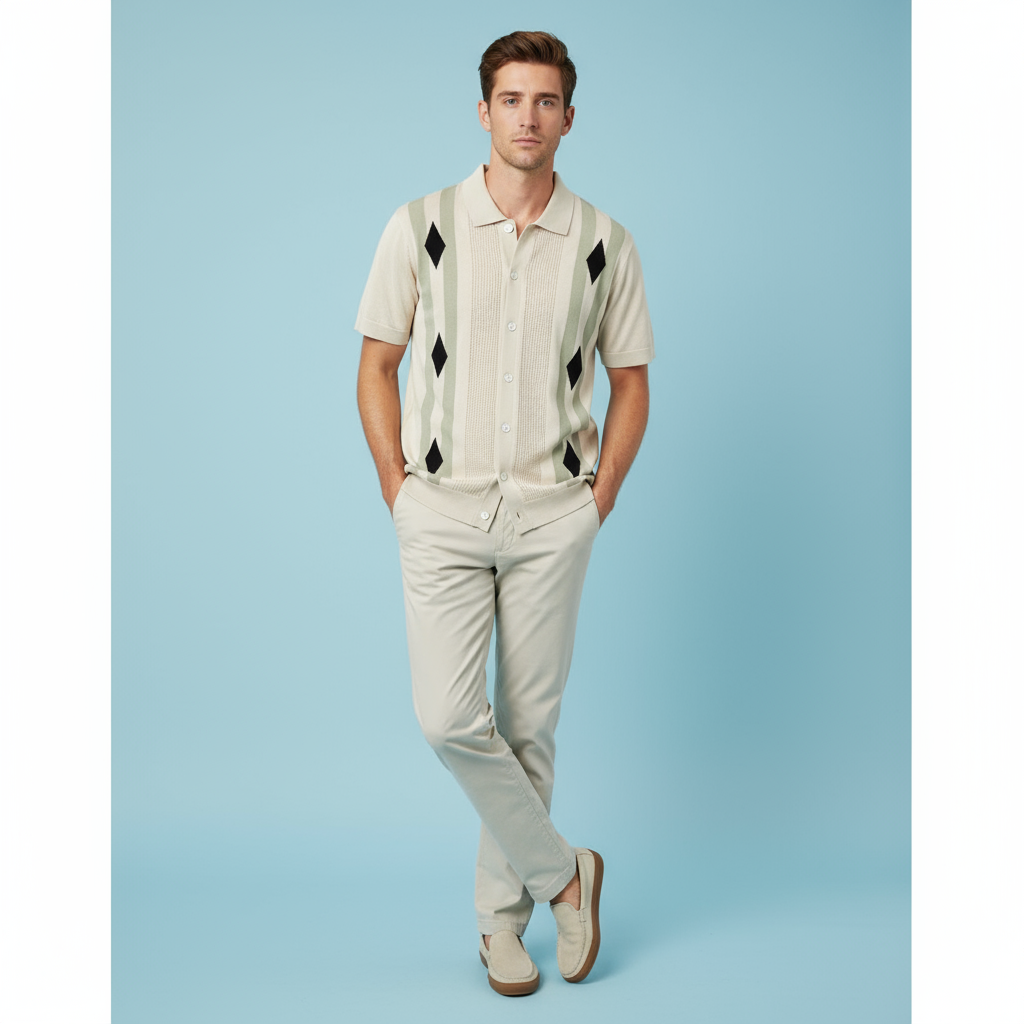 Мужская бежевая трикотажная рубашка-поло в полоску, короткий рукав, повседневный дизайн