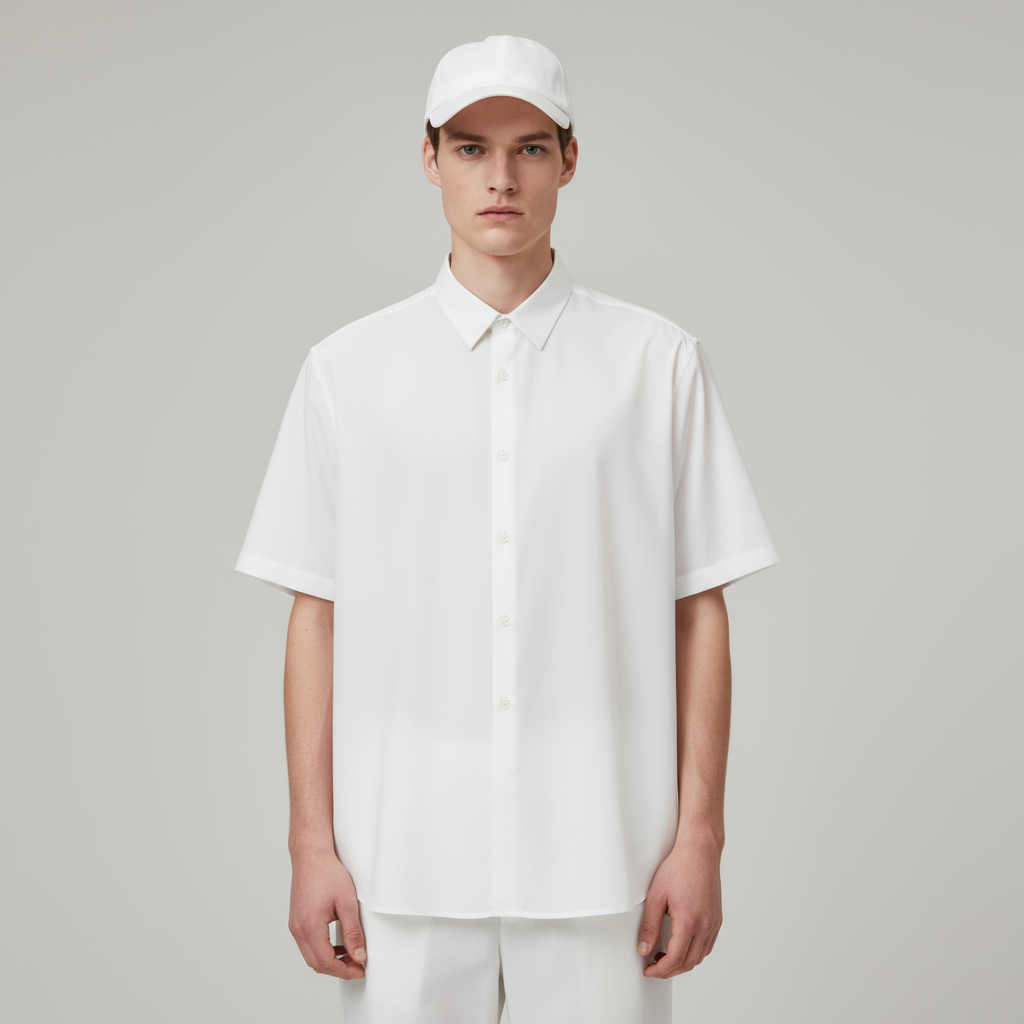 Мужская белая рубашка с коротким рукавом: Легкая ткань, свободный крой, Универсальный повседневный дизайн