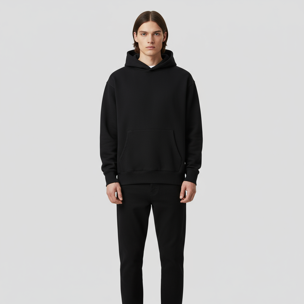 Мужская черная толстовка оверсайз с капюшоном: Классический дизайн, карман-кенгуру, Повседневная одежда