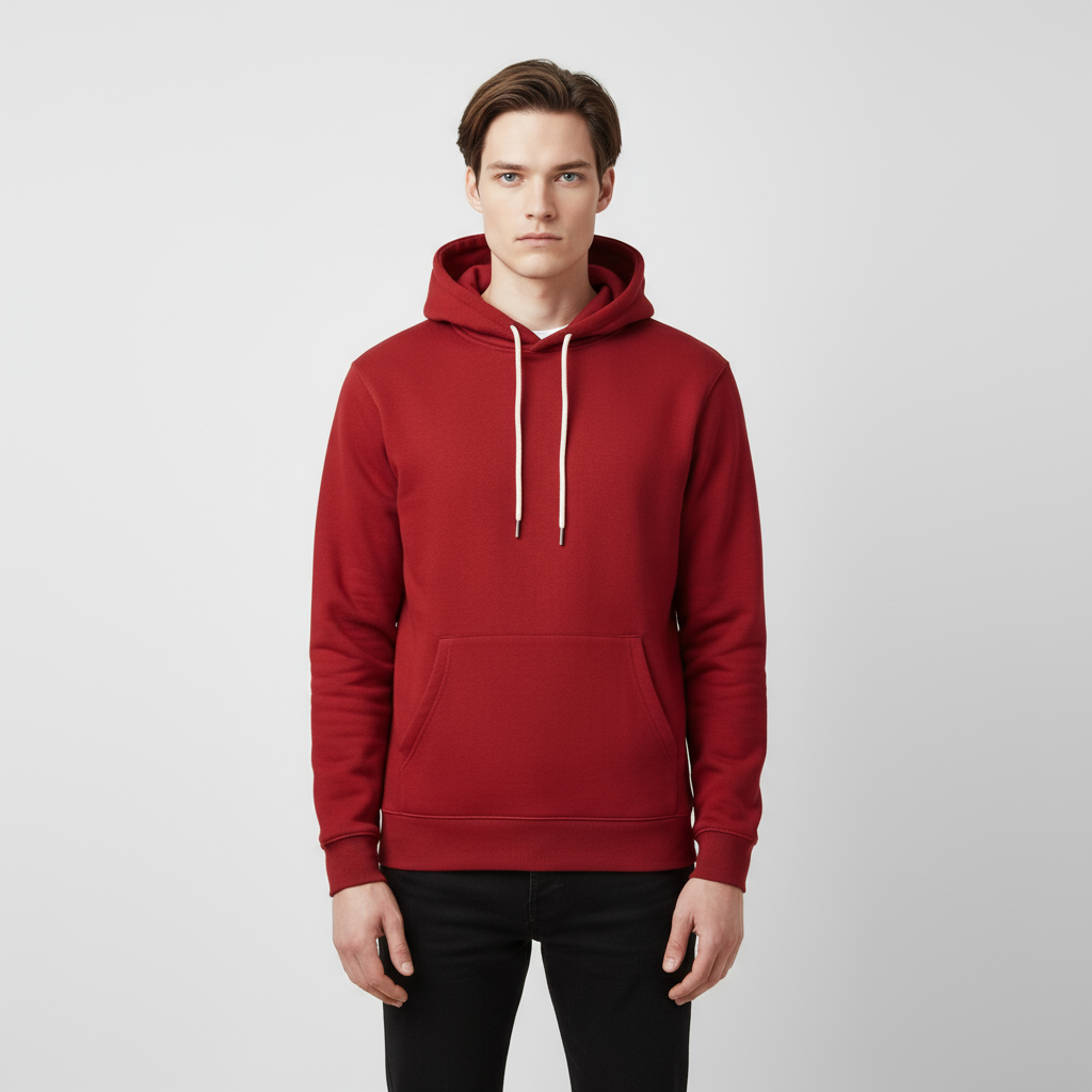 Мужская бордовая толстовка с капюшоном: Контрастные завязки, карман-кенгуру, Повседневная одежда