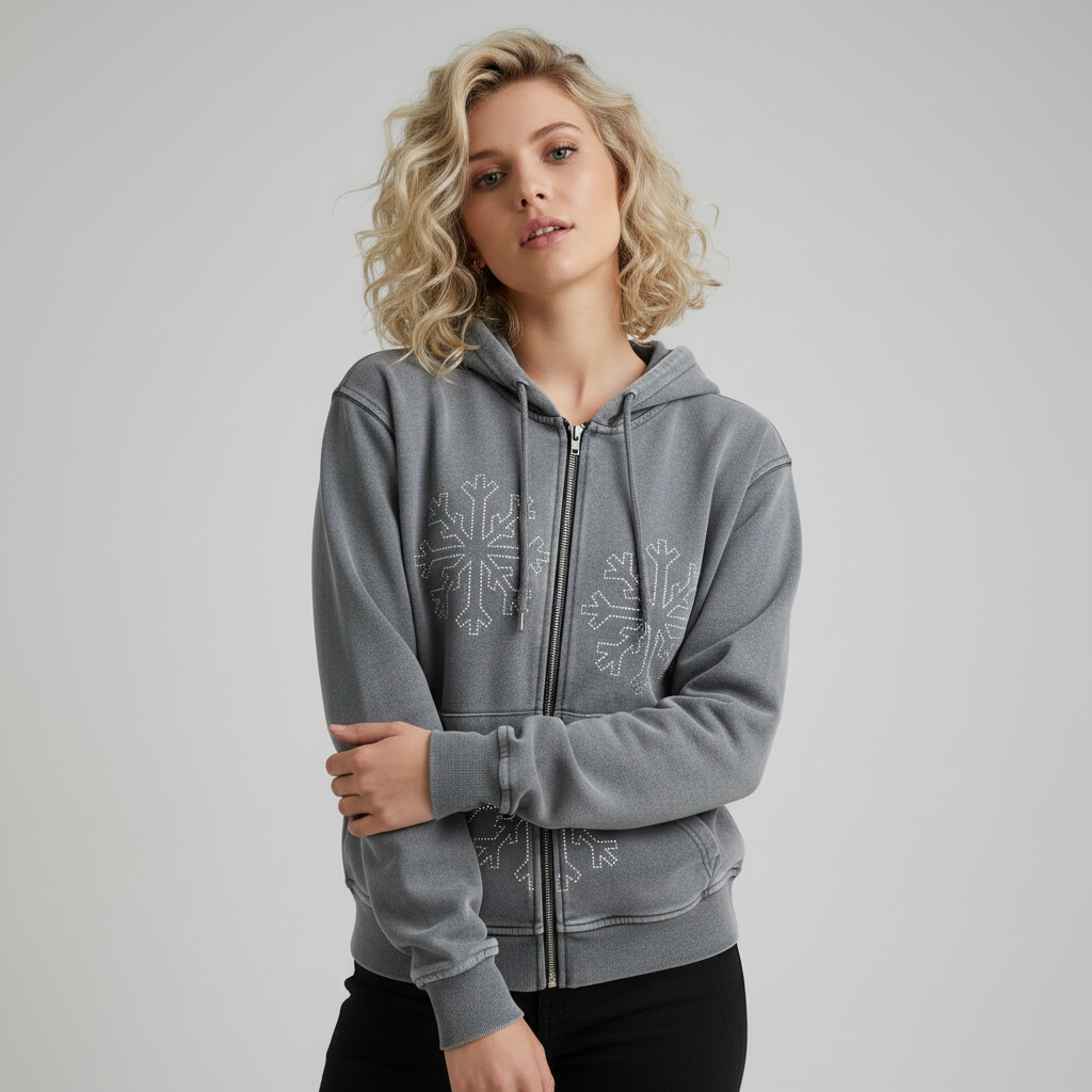 Женская серая толстовка с капюшоном на молнии: украшение в виде снежинок, Повседневная одежда