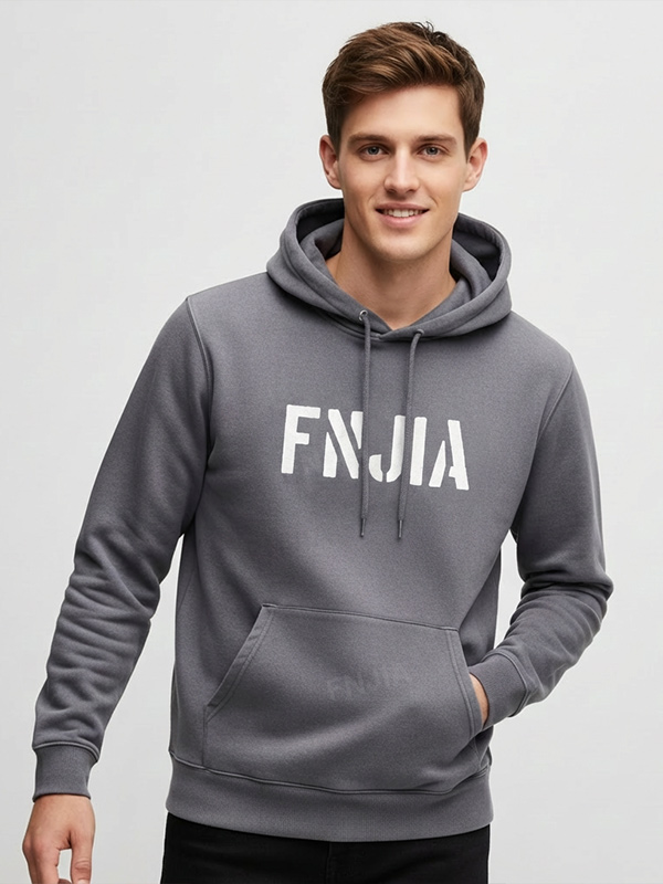 Мужская серая толстовка с капюшоном: Фирменный логотип FNJIA, карман-кенгуру, Повседневная одежда