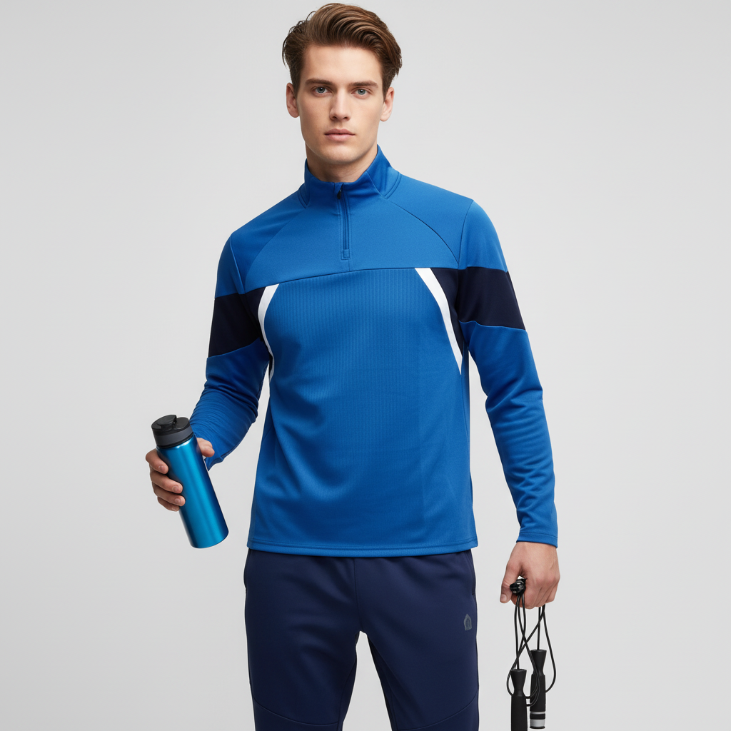 Мужской спортивный костюм синего и темно-синего цвета: Топ на молнии + брюки, дизайн в стиле Колор-блок