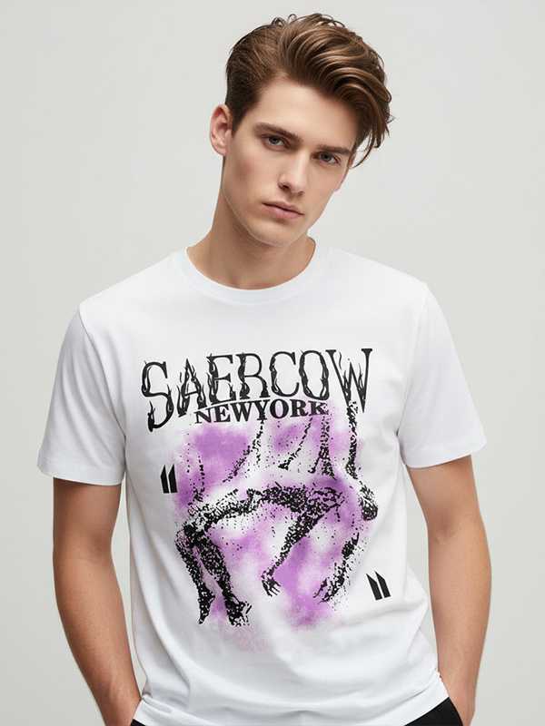 Мужская белая футболка с рисунком: Фиолетовый принт, Повседневная одежда