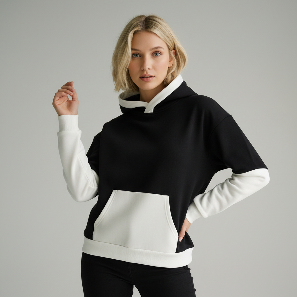 Женская черно-белая толстовка с капюшоном в цветоблок: Укороченный крой, повседневная одежда