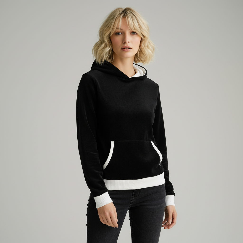 Женская черно-белая контрастная толстовка с капюшоном: бархатная текстура, повседневная одежда
