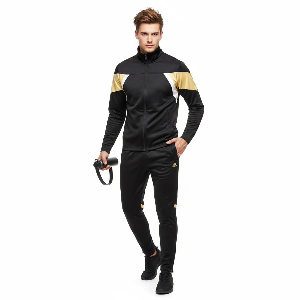 Мужской черно-золотой спортивный костюм: Куртка + брюки, дизайн в стиле Колор-блок, Повседневная одежда
