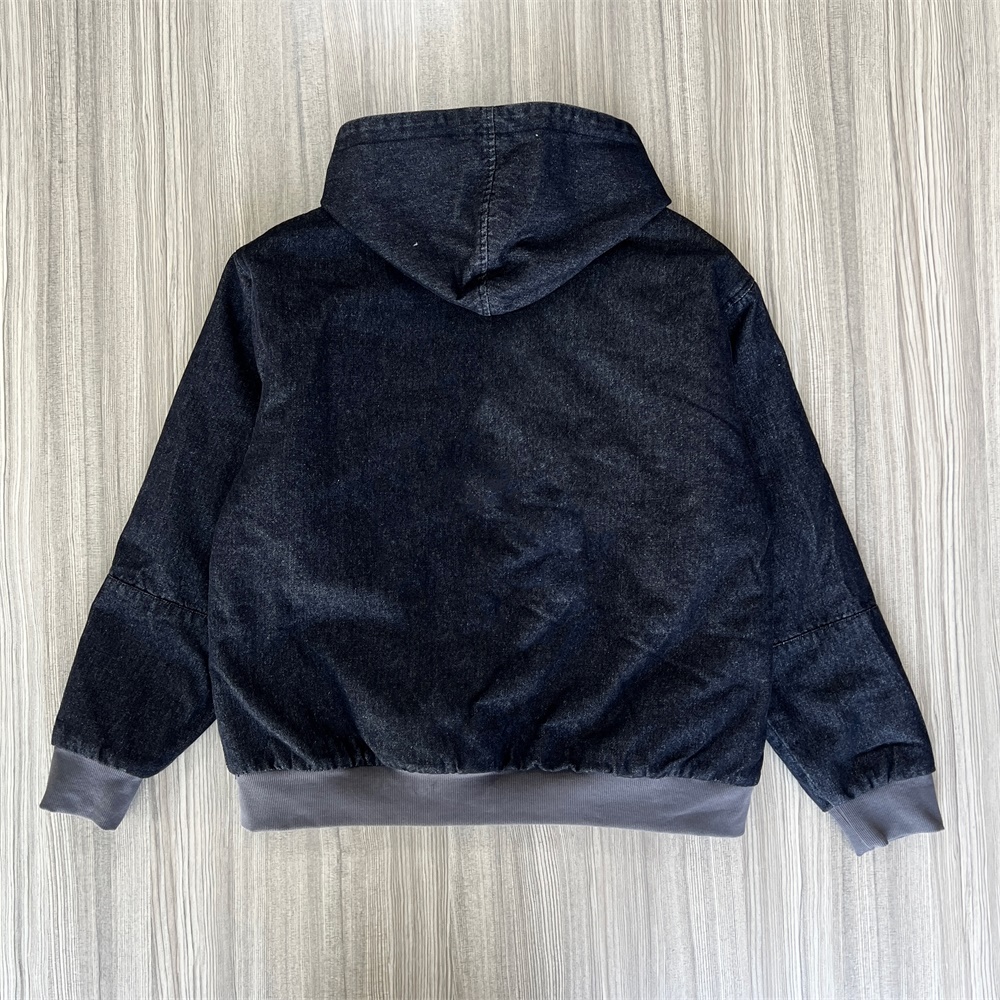 Женская темная джинсовая куртка с капюшоном: Застежка на молнию, контрастные манжеты, Повседневная верхняя одежда