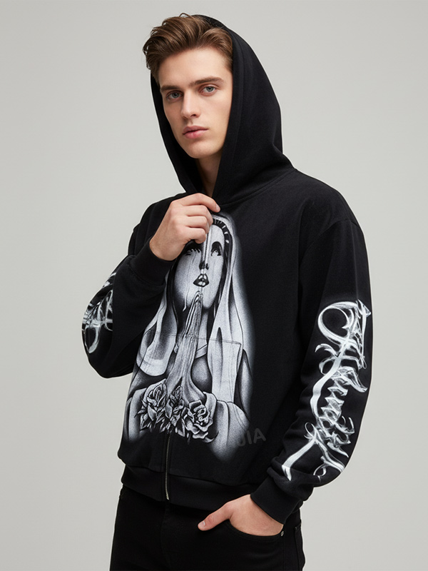 Мужская черная толстовка с капюшоном с графическим рисунком: Религиозный принт, застежка на молнию, Повседневная одежда