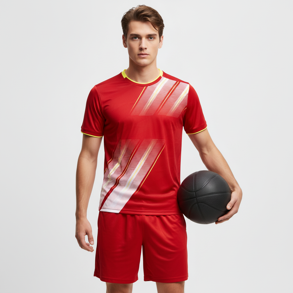 Комплект мужской красной спортивной формы: Майка + шорты с рисунком в полоску