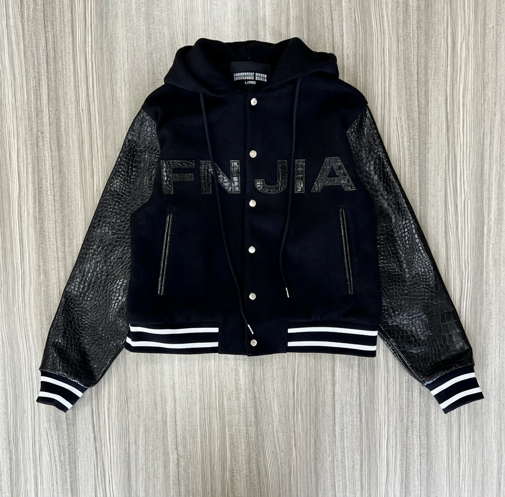 Унисекс темно-синяя школьная куртка с капюшоном: Кожаные рукава, логотип "FNJIA", Повседневная одежда