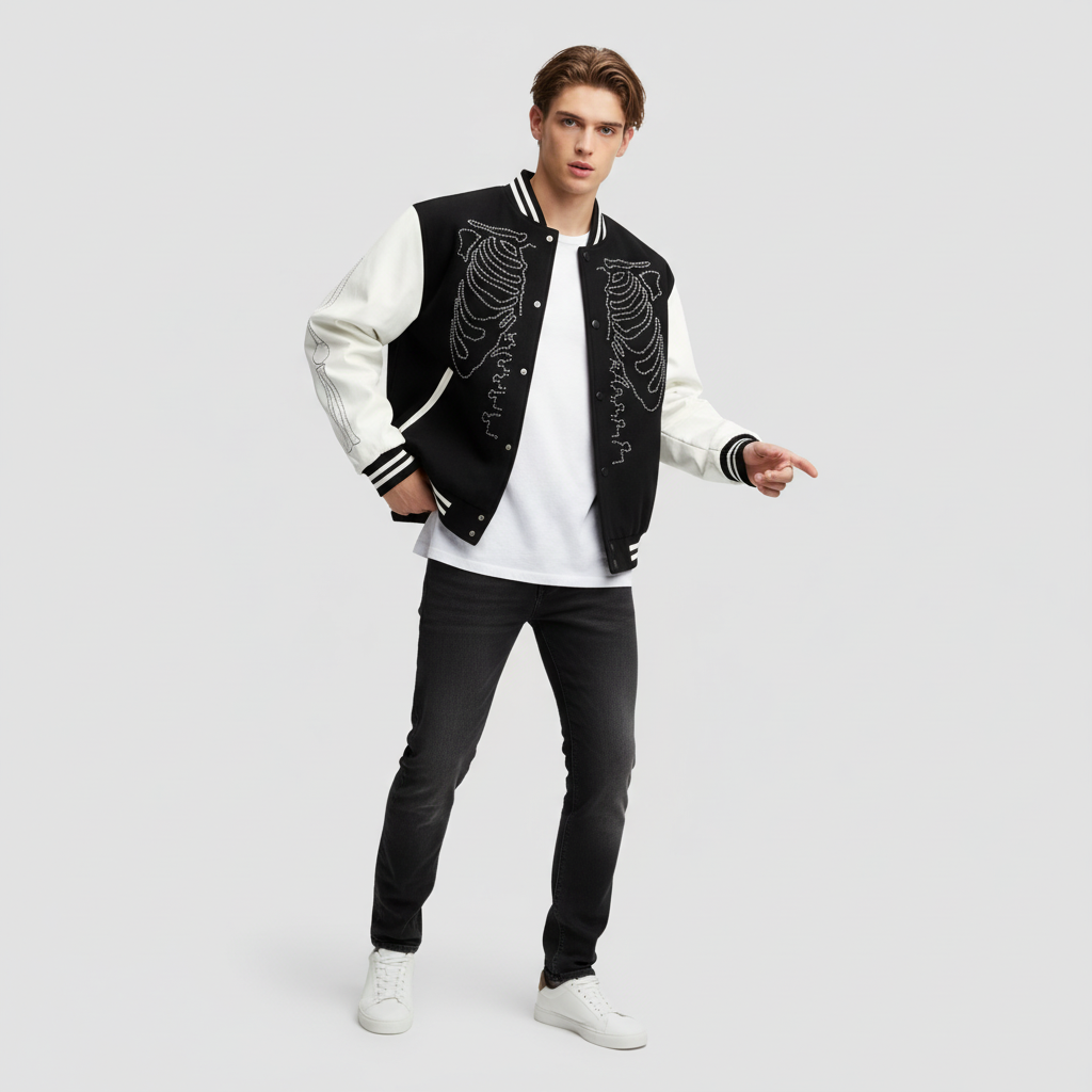 Унисекс Черно-белая университетская куртка: дизайн в виде скелета со стразами, повседневная верхняя одежда