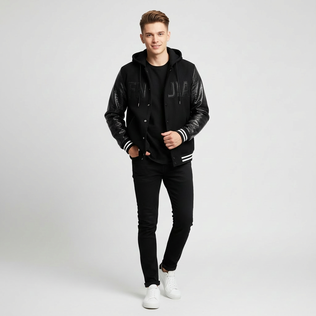 Унисекс темно-синяя школьная куртка с капюшоном: Кожаные рукава, логотип "FNJIA", Повседневная одежда