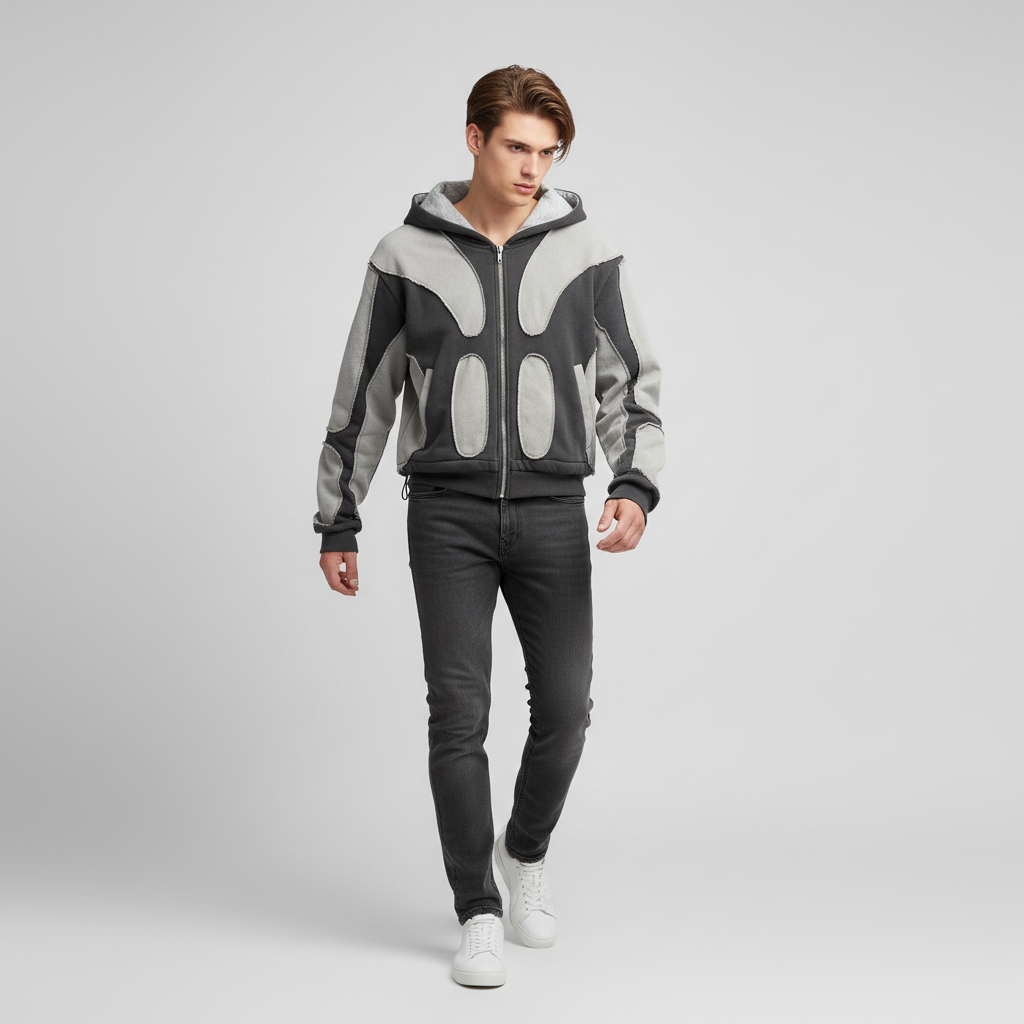 Мужская серо-черная толстовка с капюшоном в стиле пэчворк: Укороченный крой, повседневная одежда на молнии