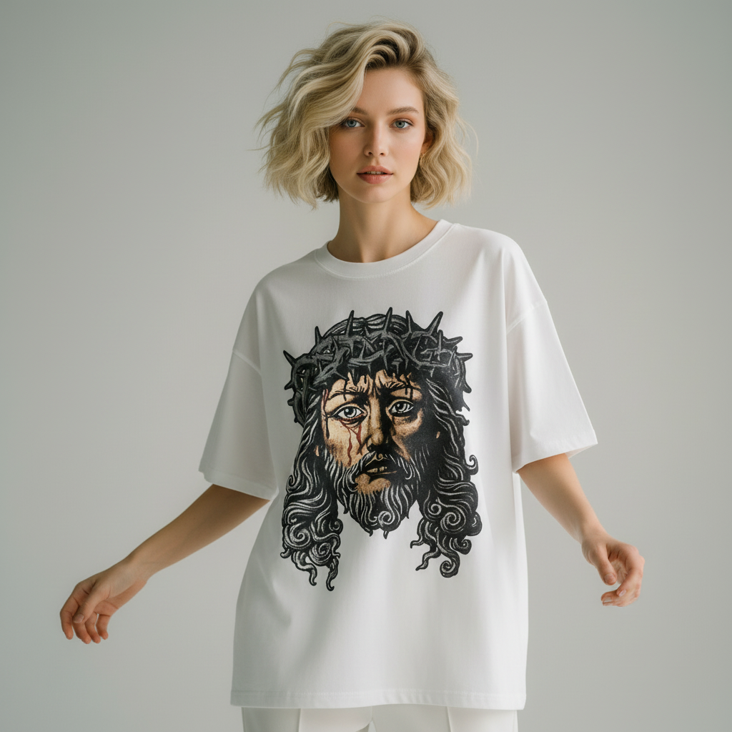 Женская белая футболка с религиозным рисунком: принт в виде тернового венца, большого размера