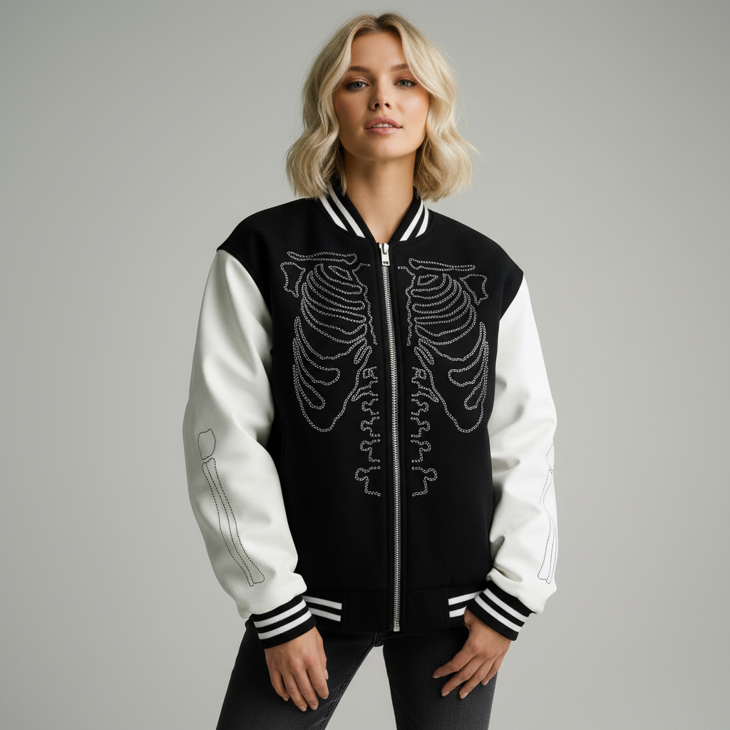 Унисекс Черно-белая университетская куртка: дизайн в виде скелета со стразами, повседневная верхняя одежда