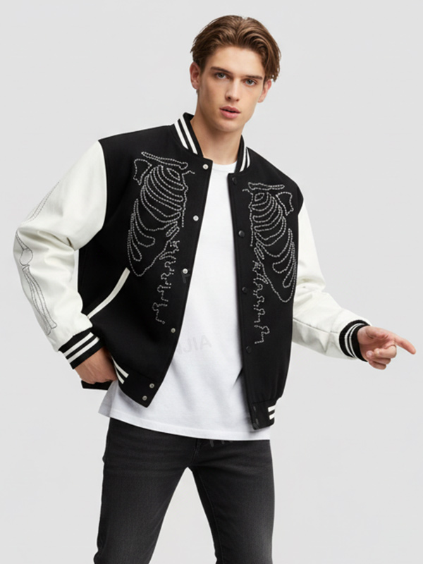 Унисекс Черно-белая университетская куртка: дизайн в виде скелета со стразами, повседневная верхняя одежда