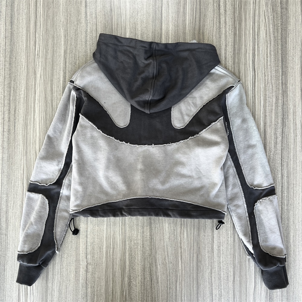 Мужская серо-черная толстовка с капюшоном в стиле пэчворк: Укороченный крой, повседневная одежда на молнии