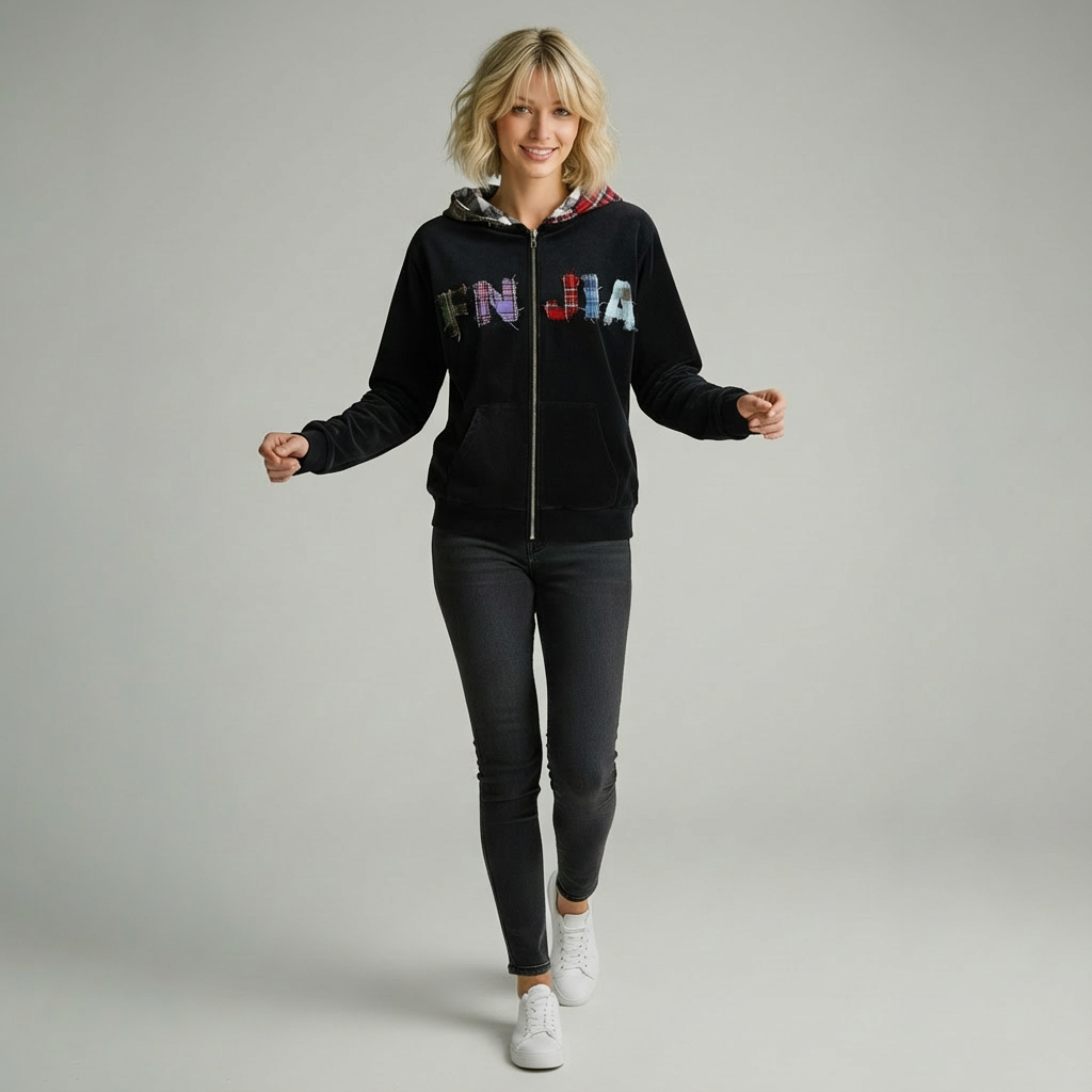 Женская темно-синяя толстовка с капюшоном в стиле пэчворк: детали в клетку, логотип "FNJIA", повседневная одежда