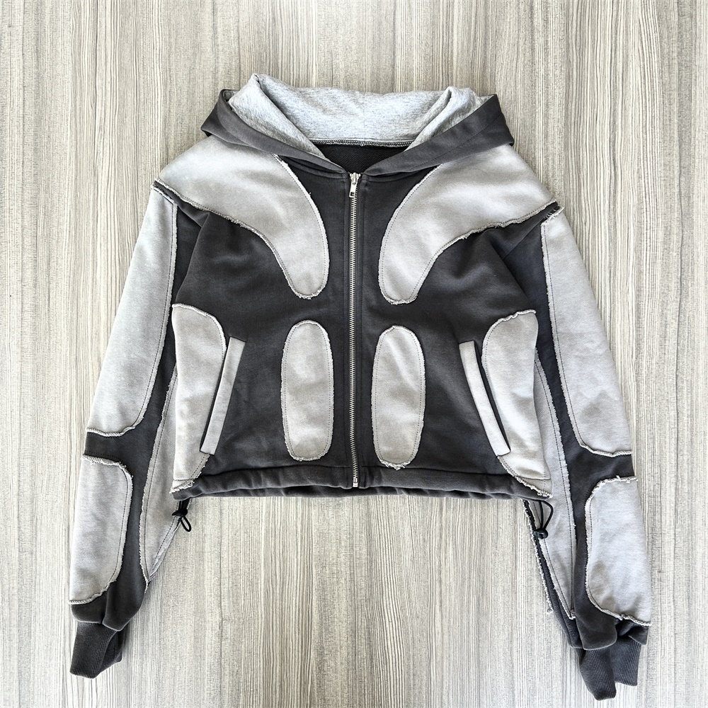 Мужская серо-черная толстовка с капюшоном в стиле пэчворк: Укороченный крой, повседневная одежда на молнии