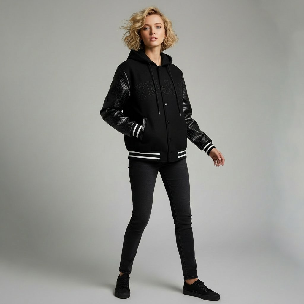 Унисекс темно-синяя школьная куртка с капюшоном: Кожаные рукава, логотип "FNJIA", Повседневная одежда