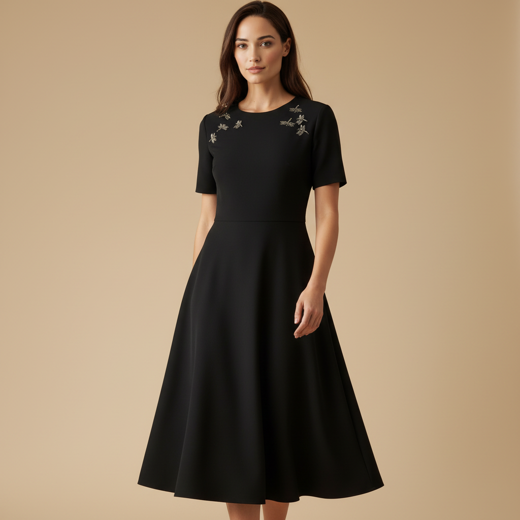 Женское черное платье миди: Украшения в виде стрекоз, расклешенный силуэт