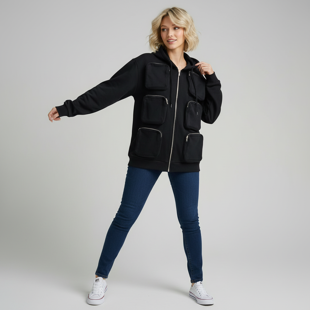 Женская темно-синяя толстовка с капюшоном и несколькими карманами: На молнии, практичный дизайн, Повседневная одежда