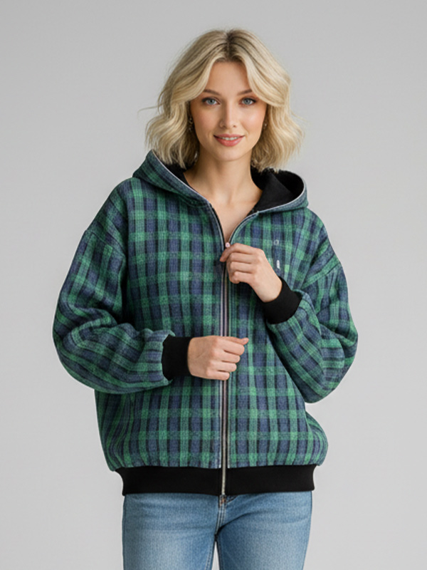 Толстовка в зеленую клетку унисекс: Застегивается на молнию, контрастная отделка, Повседневная одежда