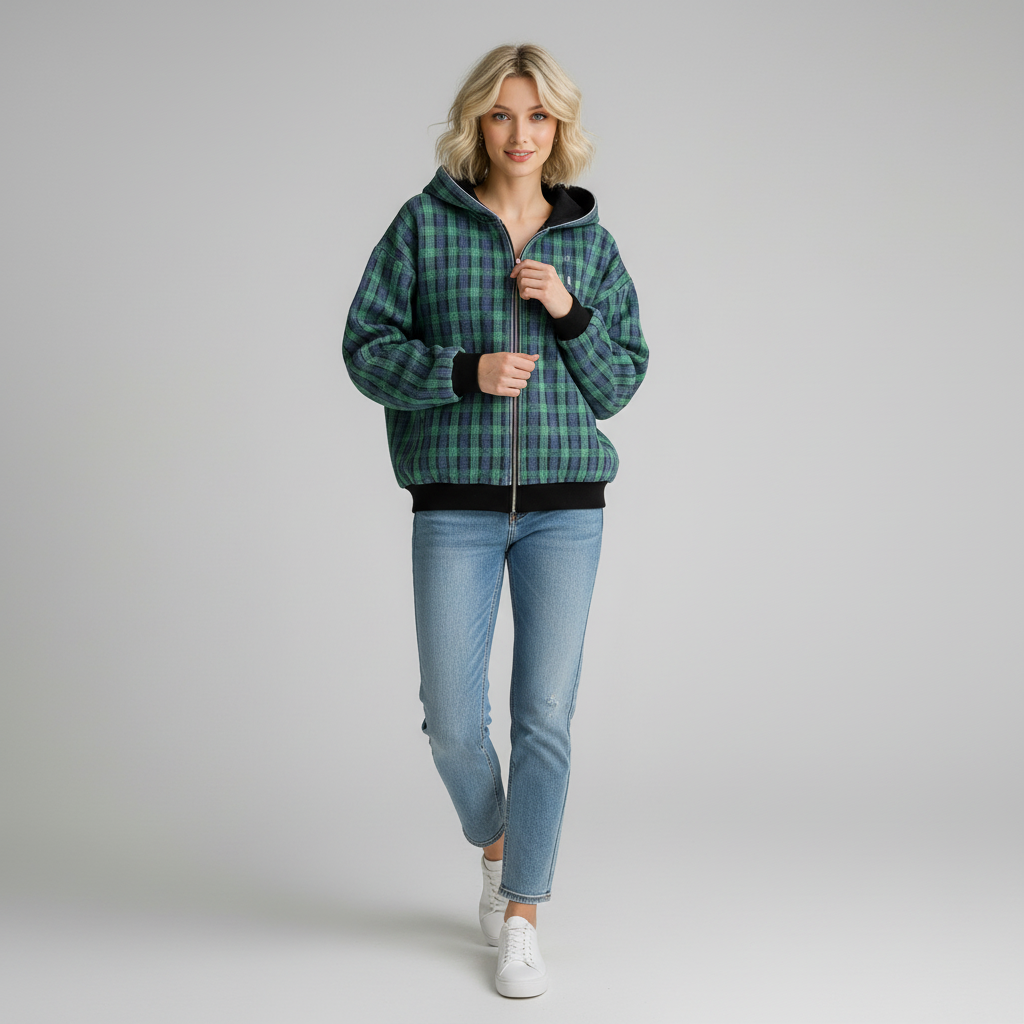Толстовка в зеленую клетку унисекс на заказ: Застежка на молнию, контрастная отделка, Повседневная одежда