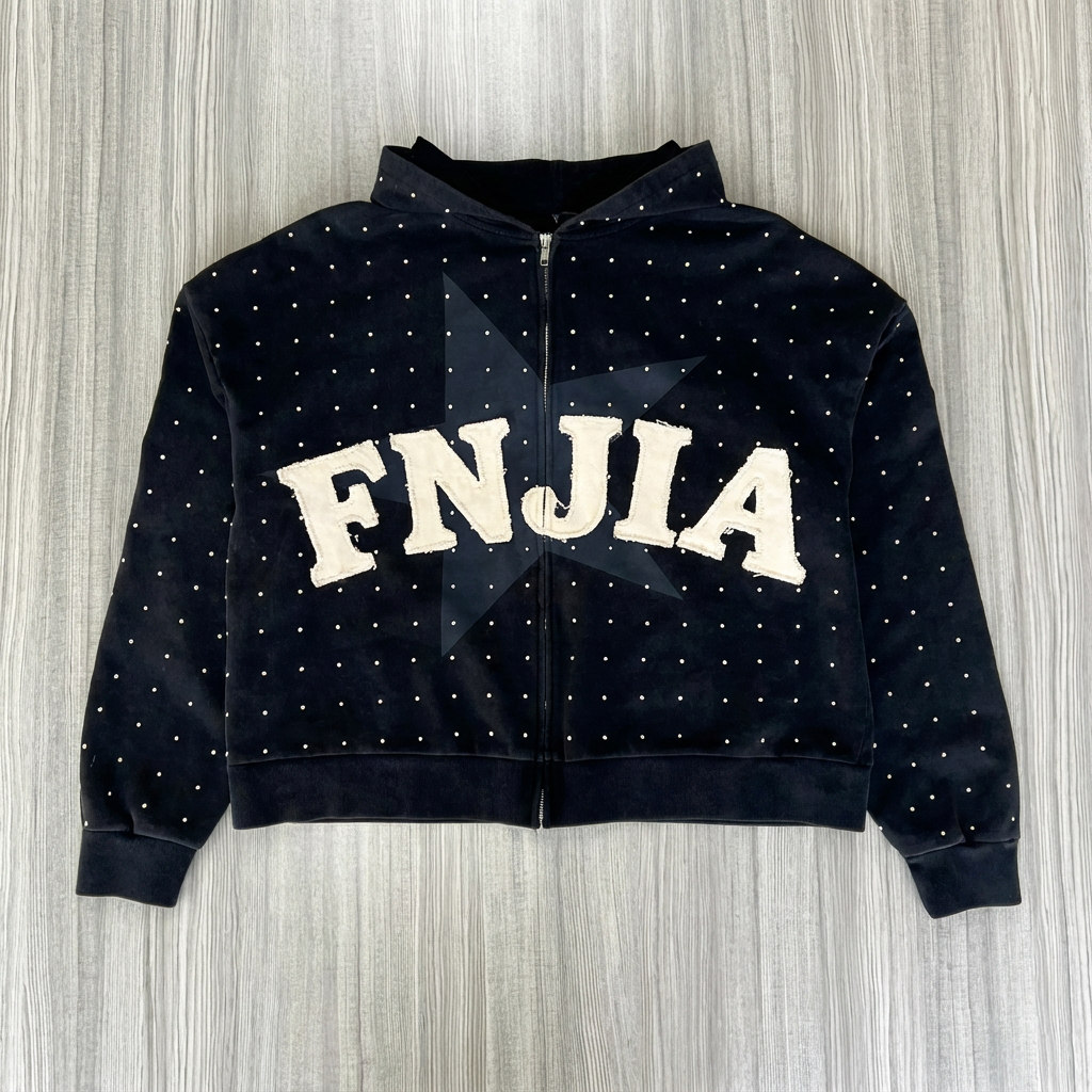 Черная толстовка унисекс в горошек на молнии с изображением звезды "FNJIA"