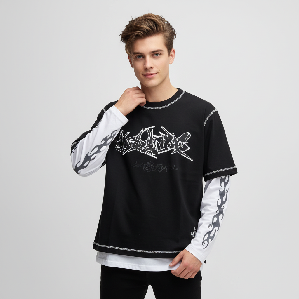 Футболка унисекс с многослойным рисунком: Черно-белая, с изображением пламени и граффити