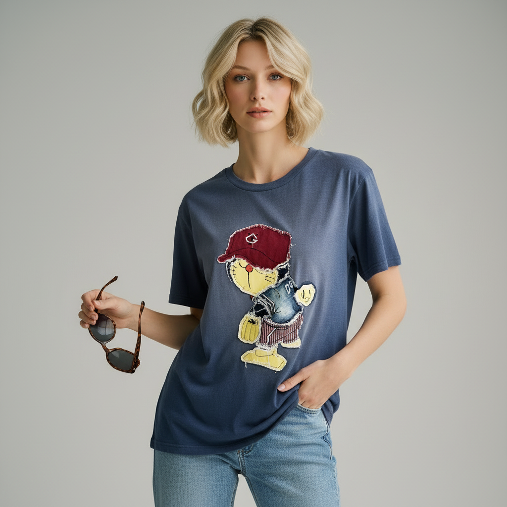 Женская футболка с вышивкой Doraemon: синий градиент, оверсайз, короткий рукав