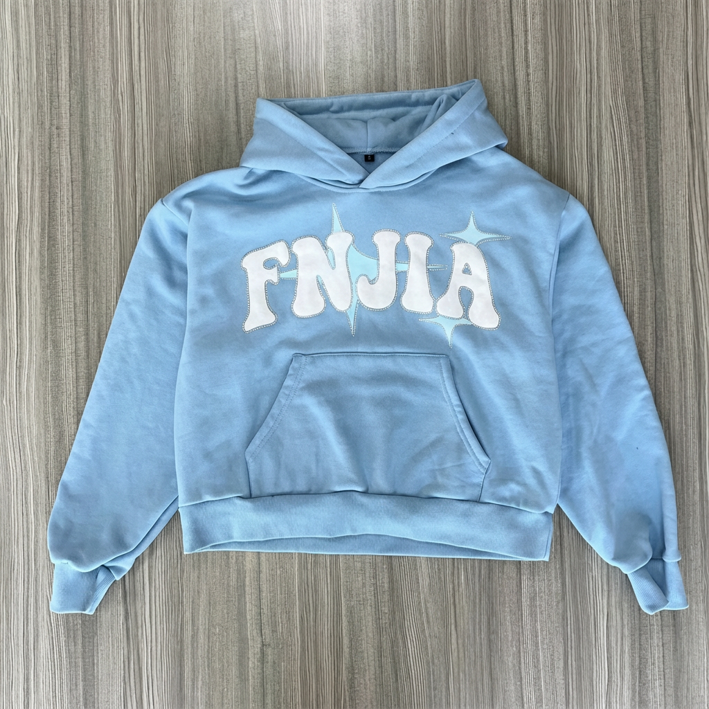 Мужская светло-голубая толстовка с капюшоном "FNJIA": рисунок в виде звезд, оверсайз