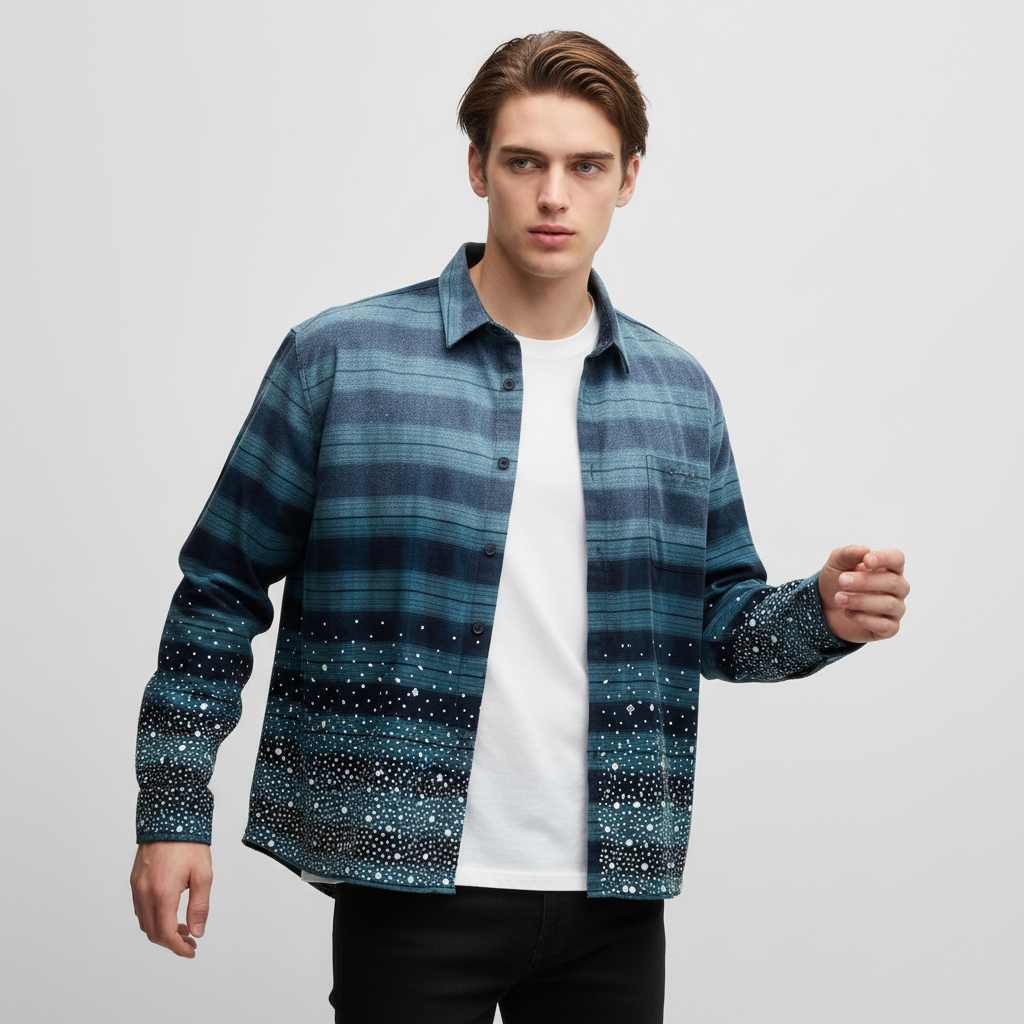 Мужская рубашка оверсайз в синюю полоску со звездным принтом, повседневная рубашка с длинным рукавом