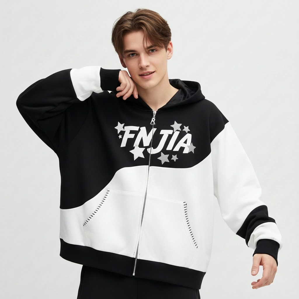Мужская черно-белая толстовка на молнии с принтом в виде звезд: рисунок "FNJIA"