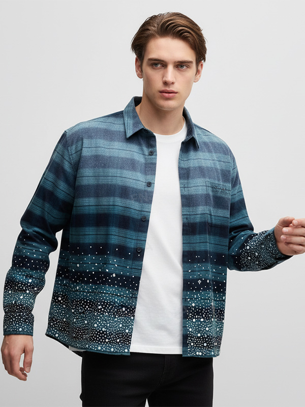 Мужская рубашка оверсайз в синюю полоску со звездным принтом, повседневная рубашка с длинным рукавом