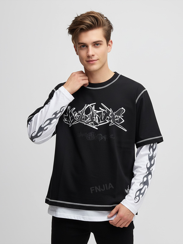 Футболка унисекс с многослойным рисунком: Черно-белая, с изображением пламени и граффити