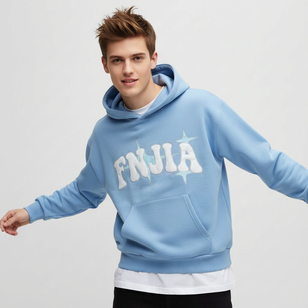 Мужская светло-голубая толстовка с капюшоном "FNJIA": рисунок в виде звезд, оверсайз