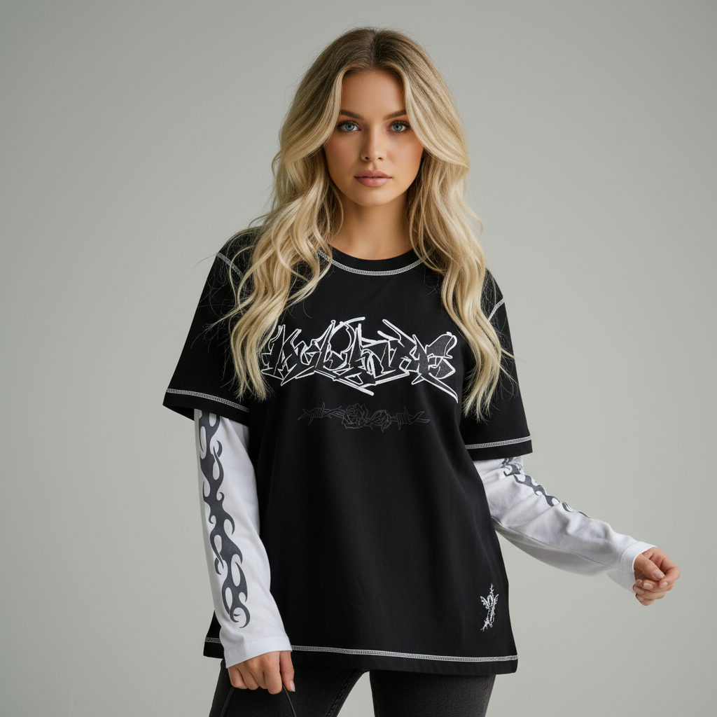 Многослойная футболка унисекс с графическим рисунком на заказ: Черно-белая, с изображением пламени и граффити