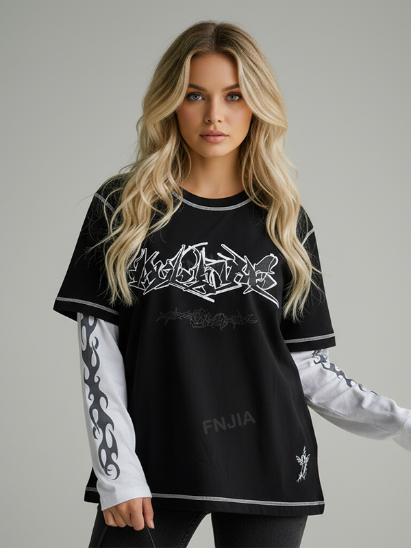 Многослойная футболка унисекс с графическим рисунком на заказ: Черно-белая, с изображением пламени и граффити