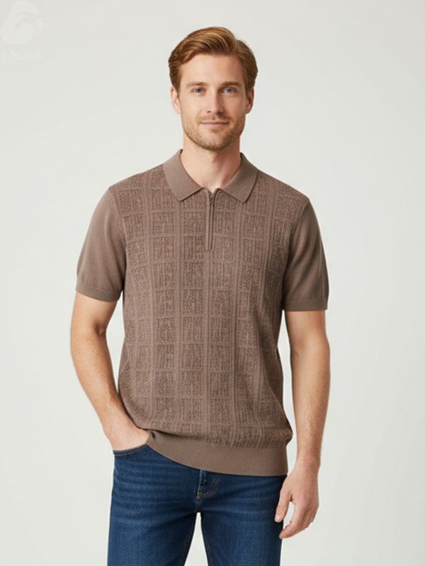 Мужская рубашка поло из темно-серого трикотажа в сеточку с застежкой-молнией до половины длины