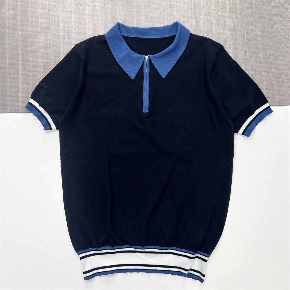 Мужская рубашка поло в темно-синюю полоску на молнии до половины длины: Короткий рукав