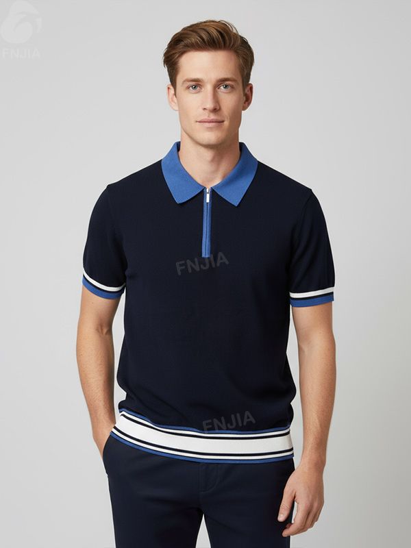 Мужская рубашка поло в темно-синюю полоску на молнии до половины длины: Короткий рукав