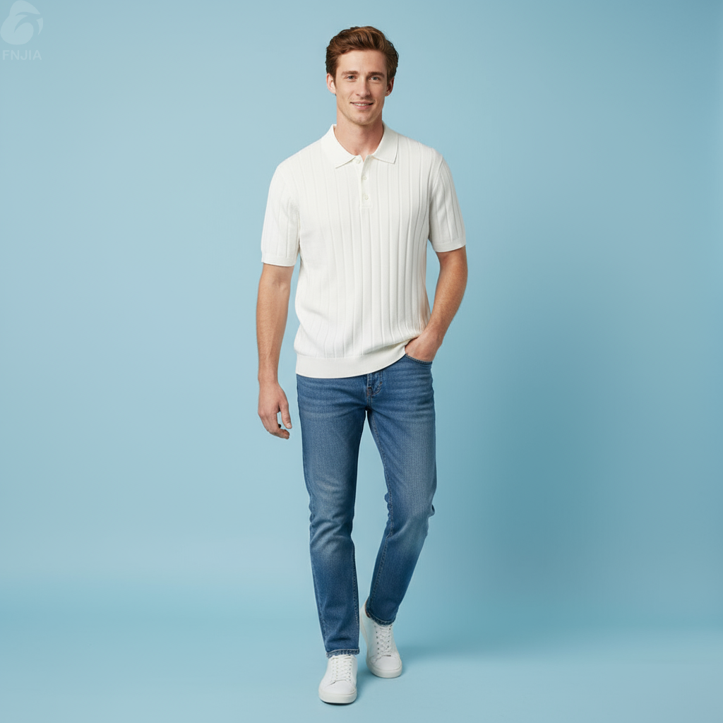 Мужская белая рубашка поло в рубчик с текстурированным рисунком и коротким рукавом