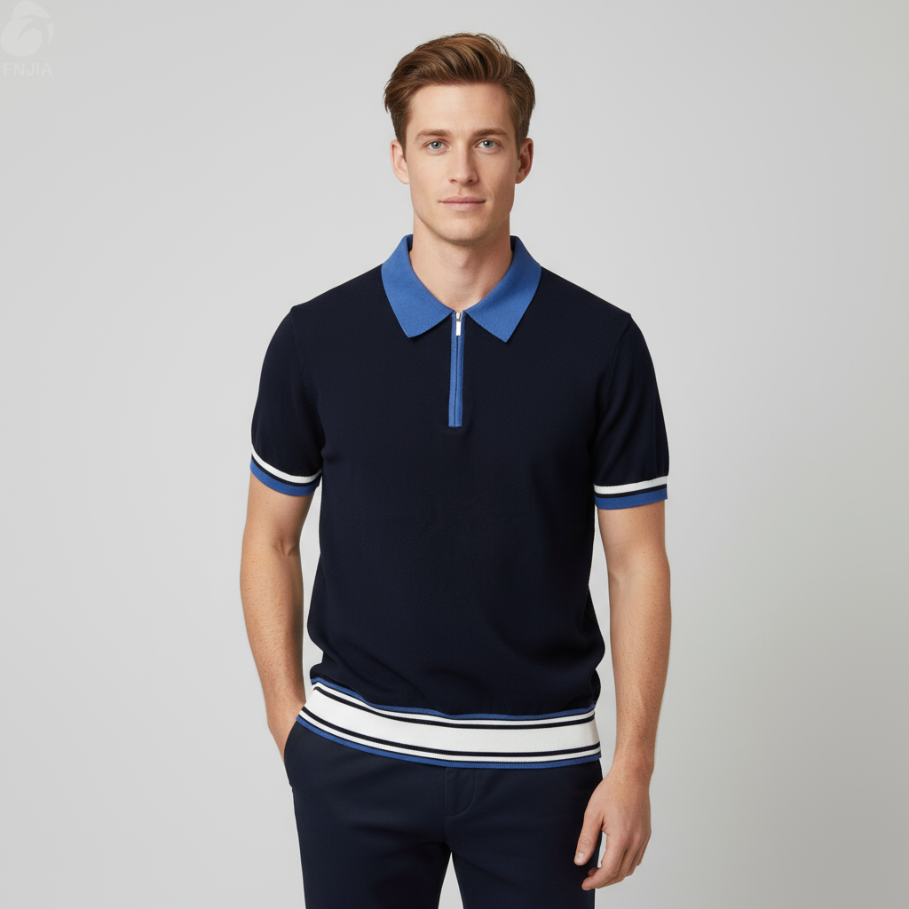 Мужская рубашка поло в темно-синюю полоску на молнии до половины длины: Короткий рукав